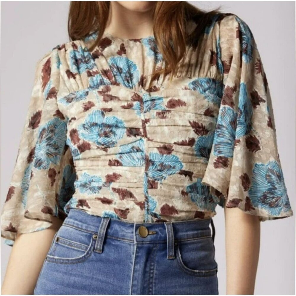 Joie $328 Silk Floral Sleeve Ruched Smocked Top Size 10 NWT